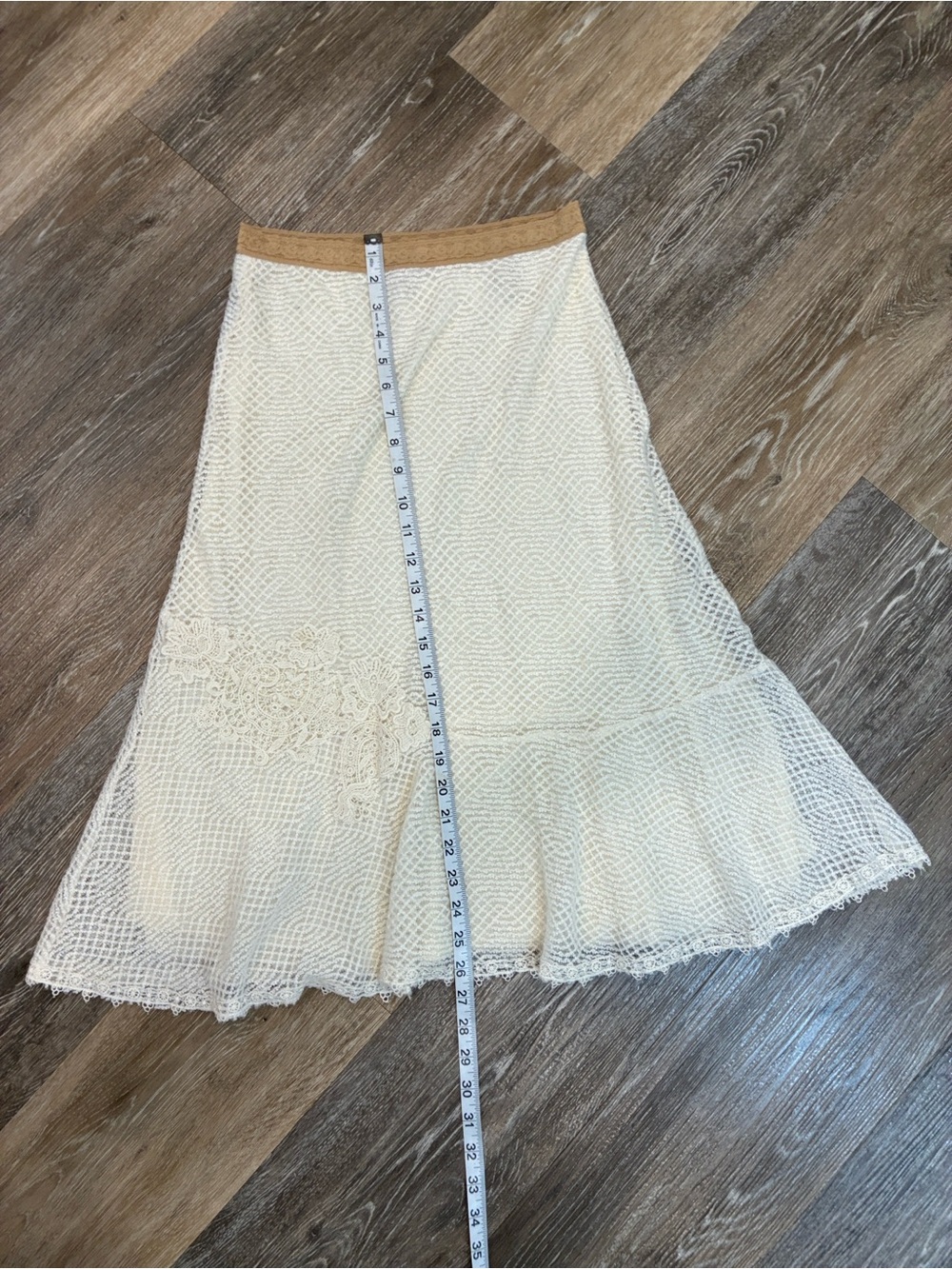 Free People Cream Lace A-Line Midi Skirt with Tan Waistband - Picture 4 of 8